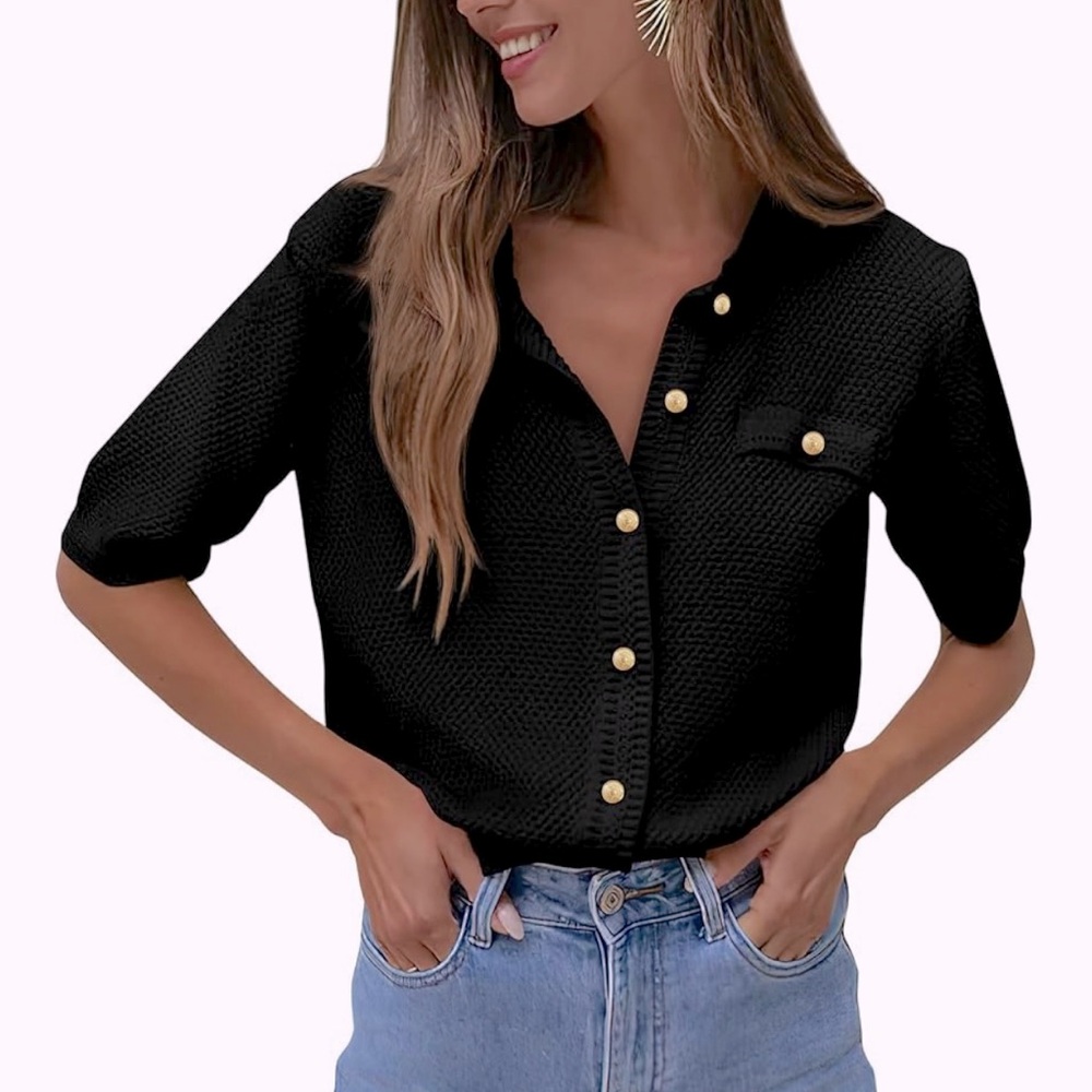 🆕 Cardigan Short Sleeve Button Up Black Large- PRETTYGARDEN